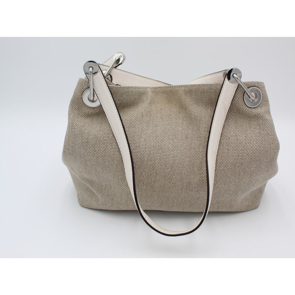 Michael Kors Raven Shoulder Bag Purse Beige White Canvas Fabric Leather Summer - Picture 3 of 12